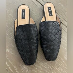 Aqua Black Woven Leather Mules